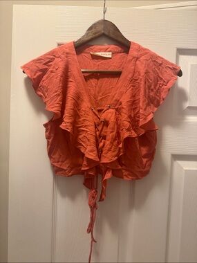 American Threads Coral Lace-Up Ruffle Crop Top